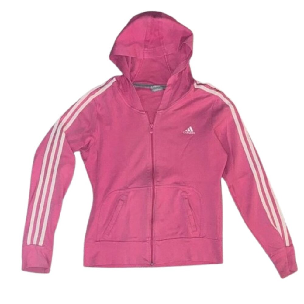 Adidas Hoodie Pink with White Stripes long sleeve zip up STAINED LEFT SHOULDER